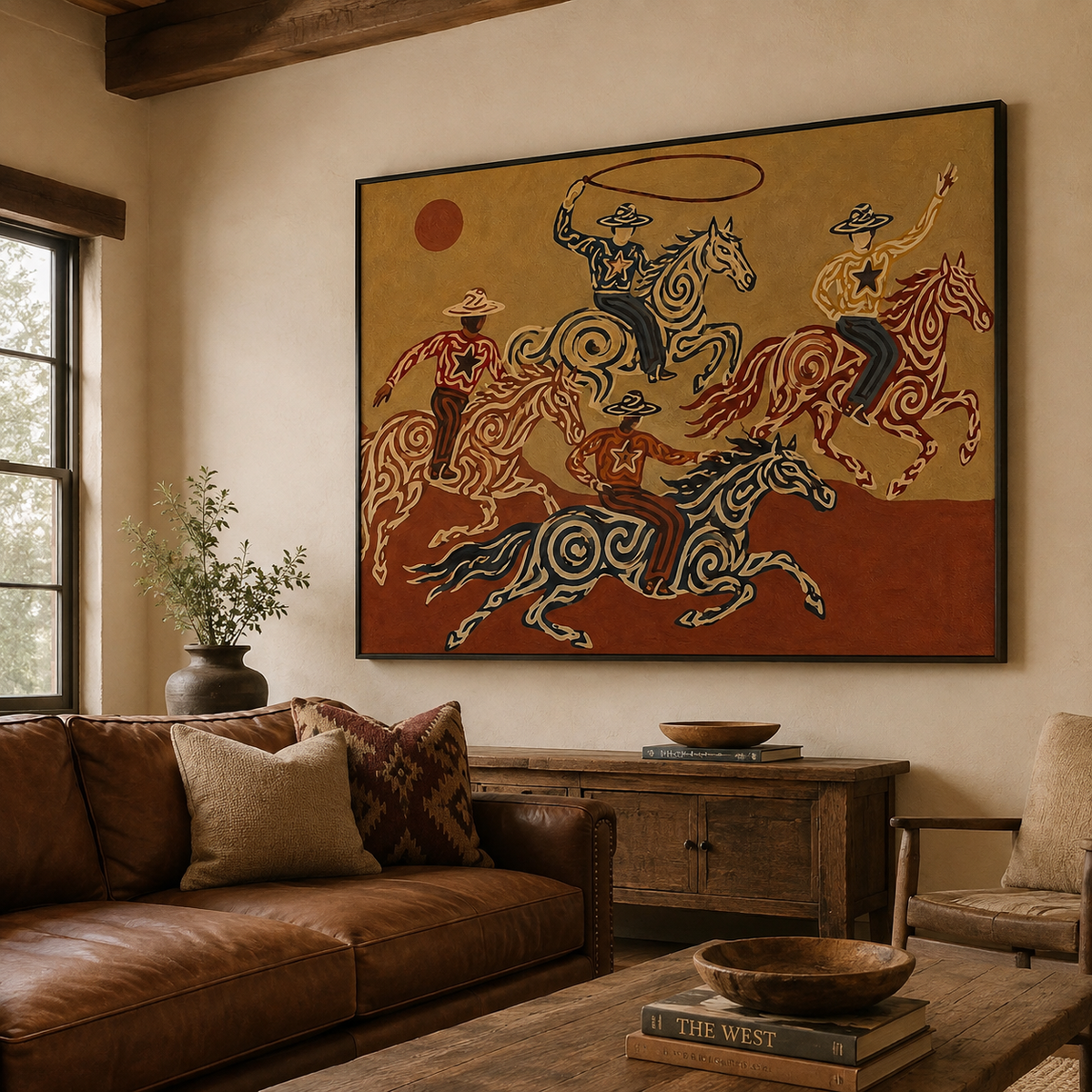 Cowboy And Horse Canvas Painting With Lasso For Western Home Decor