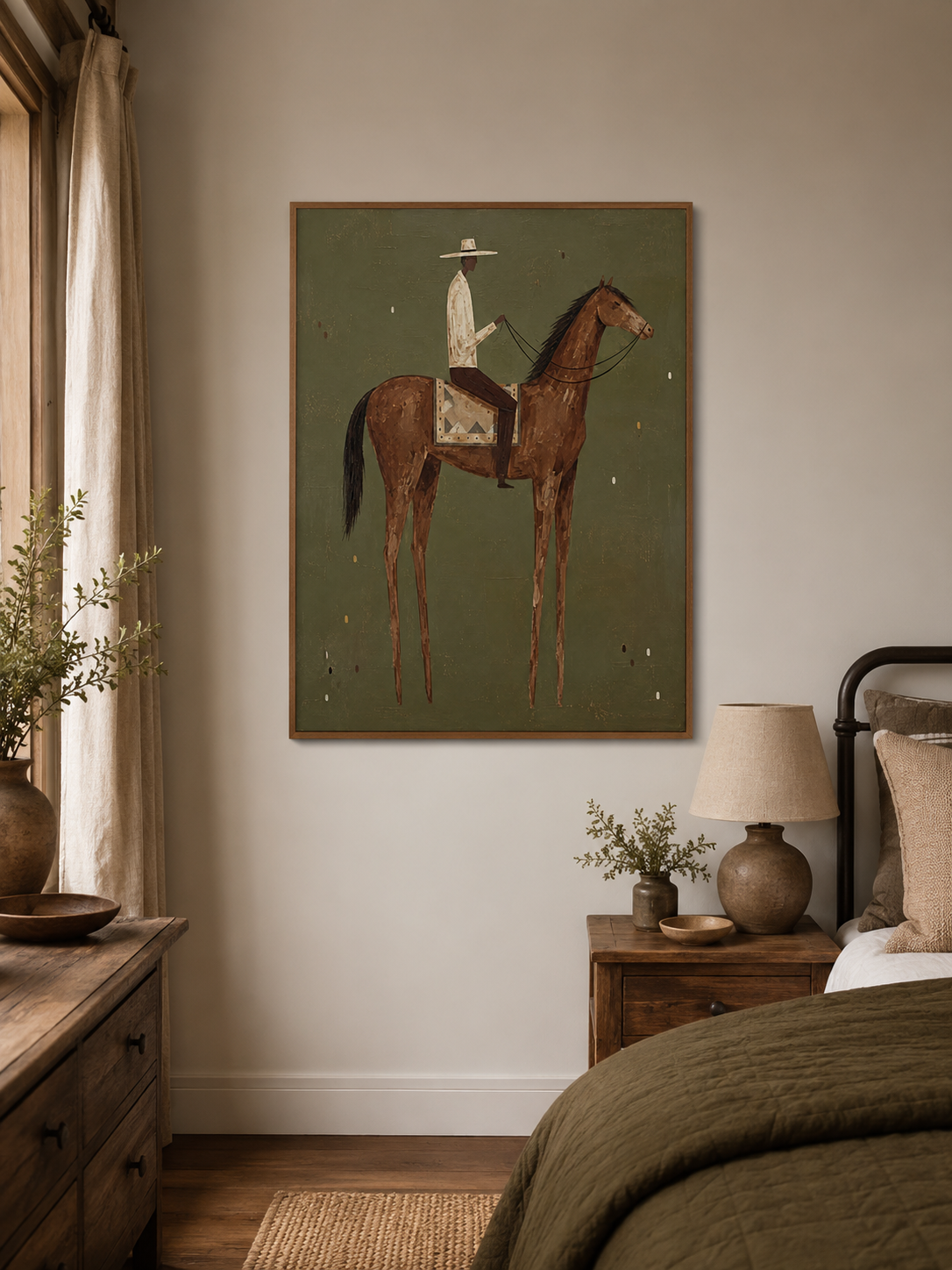 Mid Century Modern Horse Art With Minimalist Cowboy In Green Frame For Living Room Decor