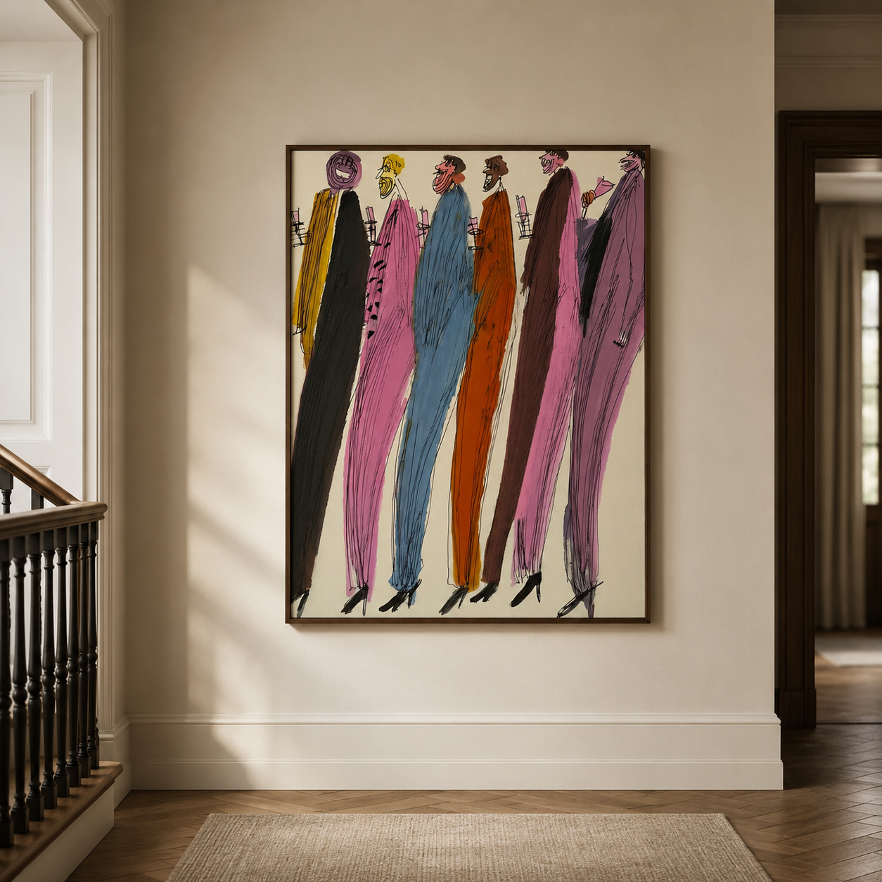 Abstract Figurative Painting Of Colorful Party People In Square Canvas For Modern Home Decor