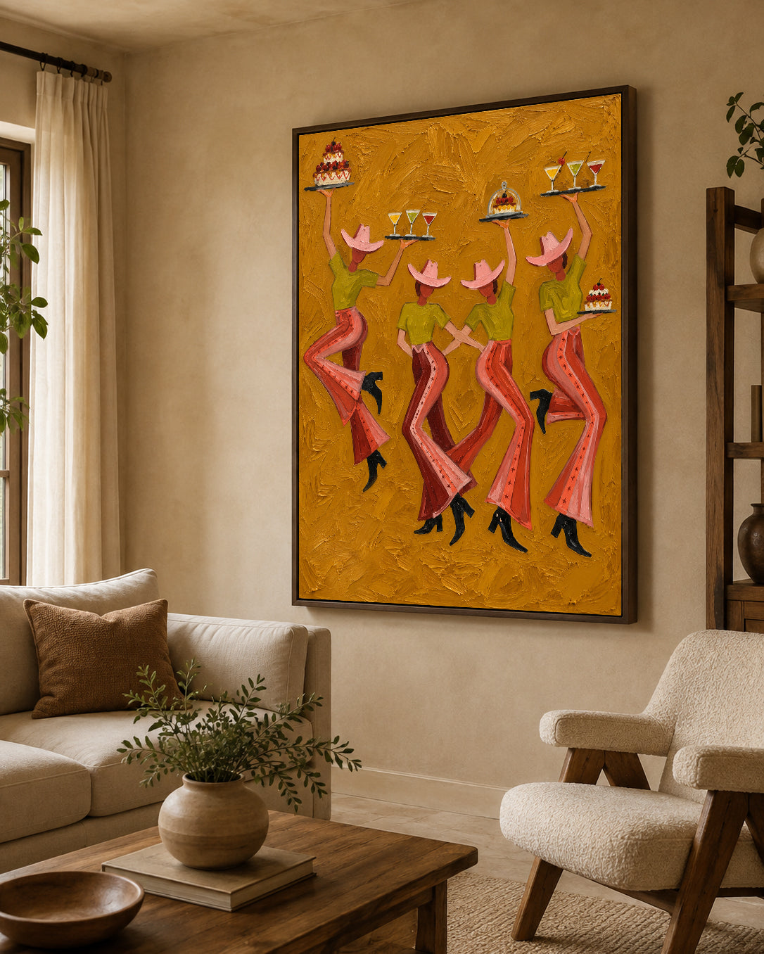 Vintage Cowgirl Party Canvas Painting With Cocktails And Cakes For Rustic Decor