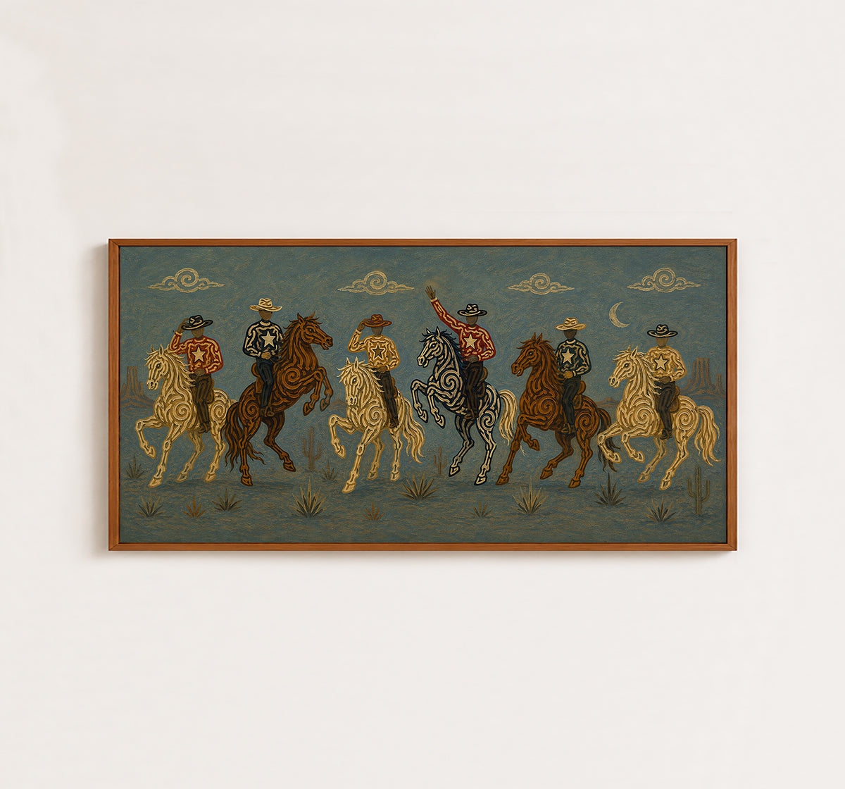 Blue Moon Cowboy Riders Painting, Panoramic Western Horse Art, Southwestern Desert Night Decor