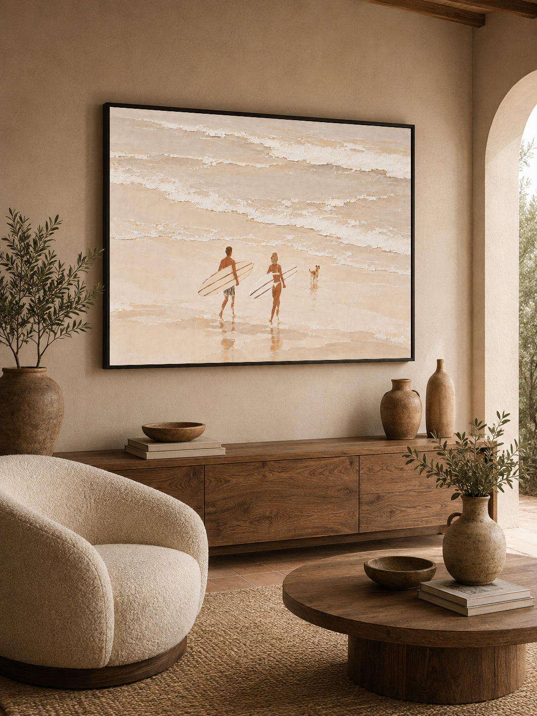 Neutral Cream Beach Canvas Art, Couple And Dog Surfing Wall Decor Surfboard Painting