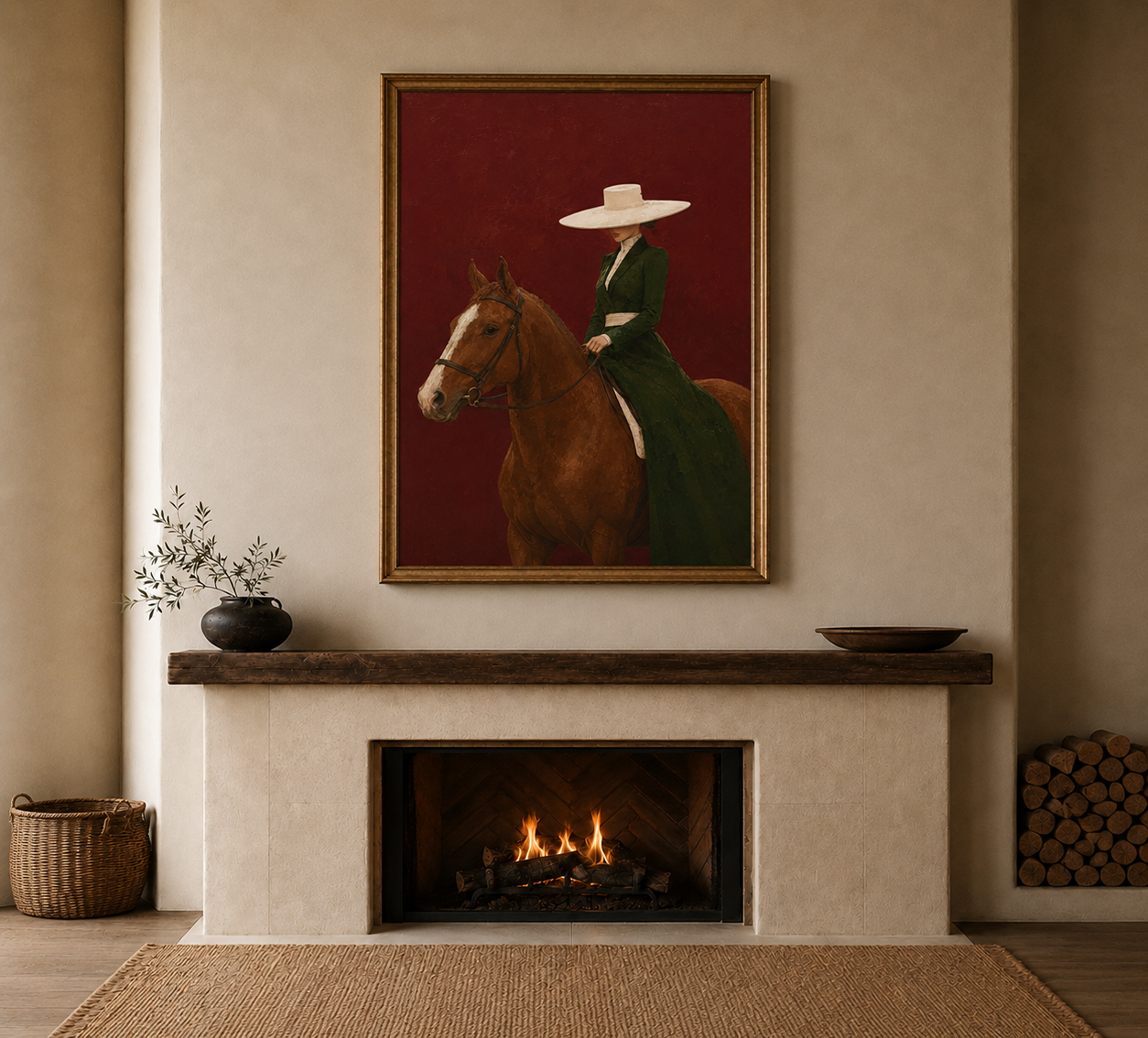 Minimalist Figurative Art Print Of Lady And Horse In Green Dress Against Crimson Wall For Study