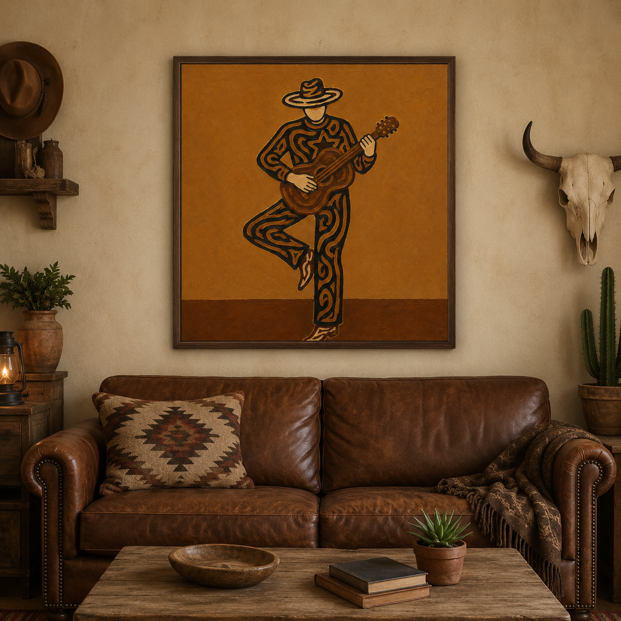 Abstract Cowboy Musician Art, Unique Guitar Player Wall Decor, Modern Western Art, Dynamic Cowboy Painting
