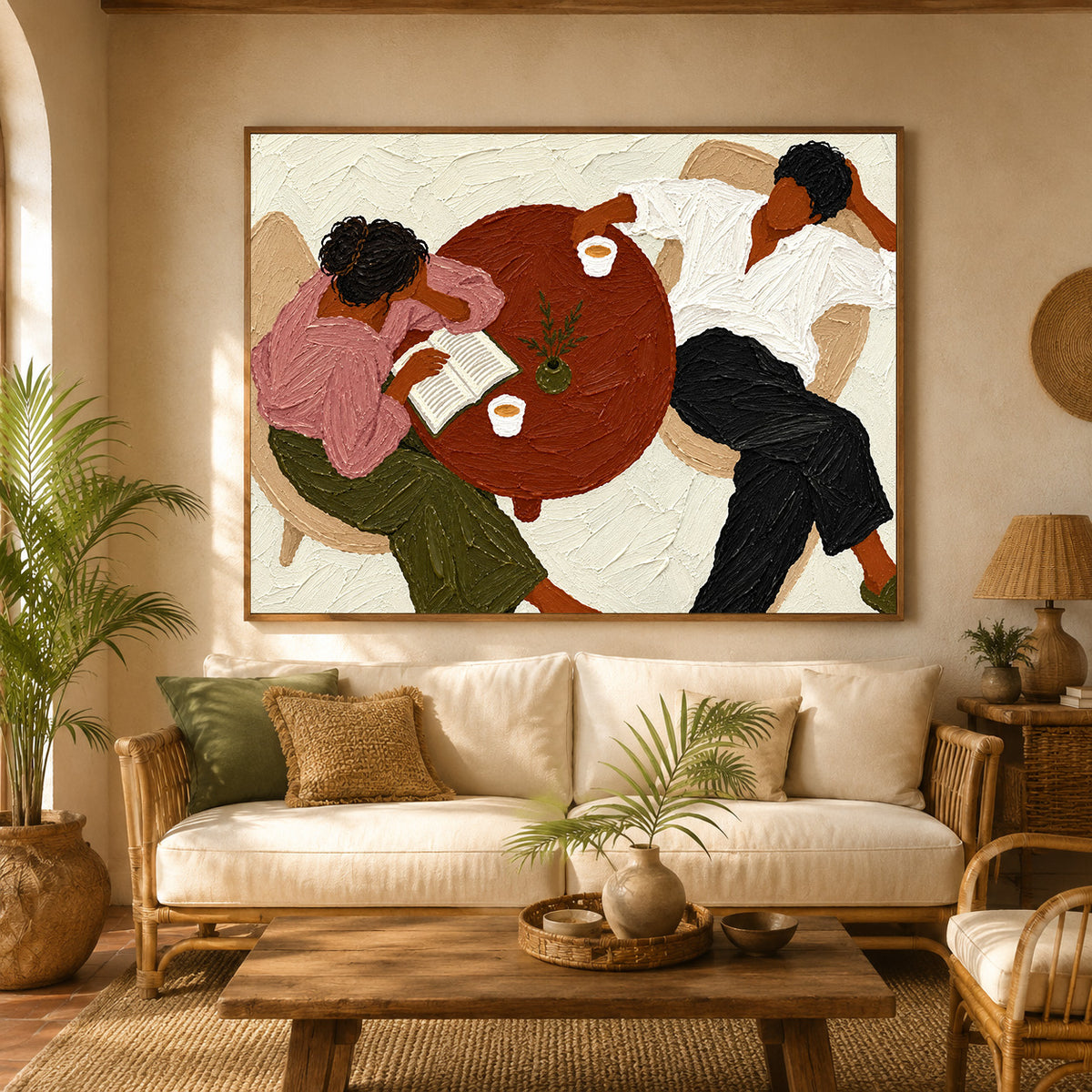Lazy Sunday Couple Oil Painting, Cozy Reading Wall Art, Neutral Textured Figurative Canvas