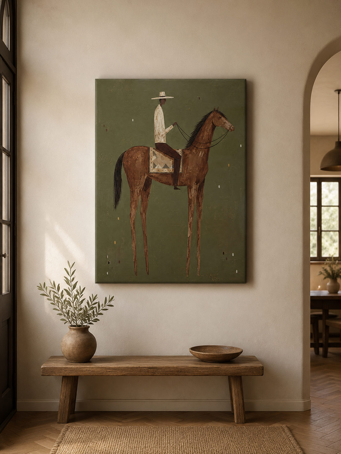 Mid Century Modern Horse Art With Minimalist Cowboy In Green Frame For Living Room Decor