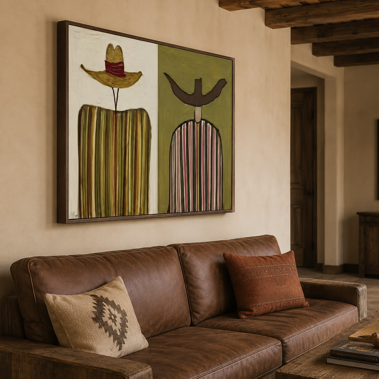 Rustic Figurative Art With Striped Men In Green And Brown For Living Room Decor
