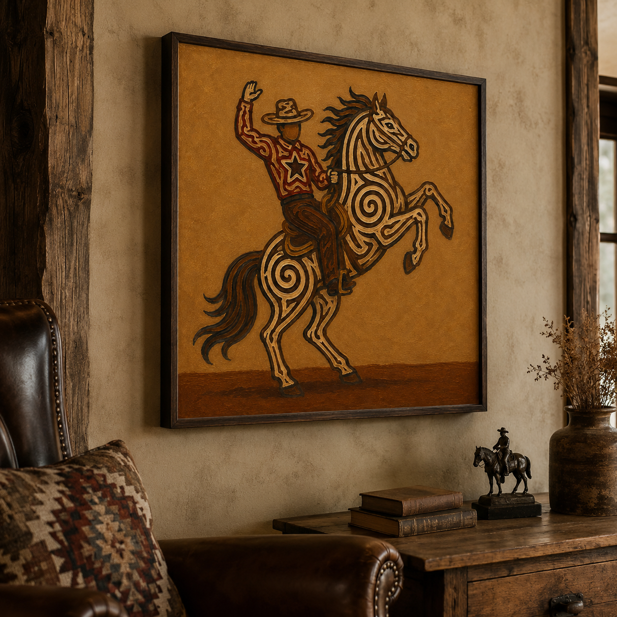 Rearing Horse And Cowboy Art, Wild West Cowboy Riding Painting, Bucking Horse Wall Decor, Dynamic Western Canvas