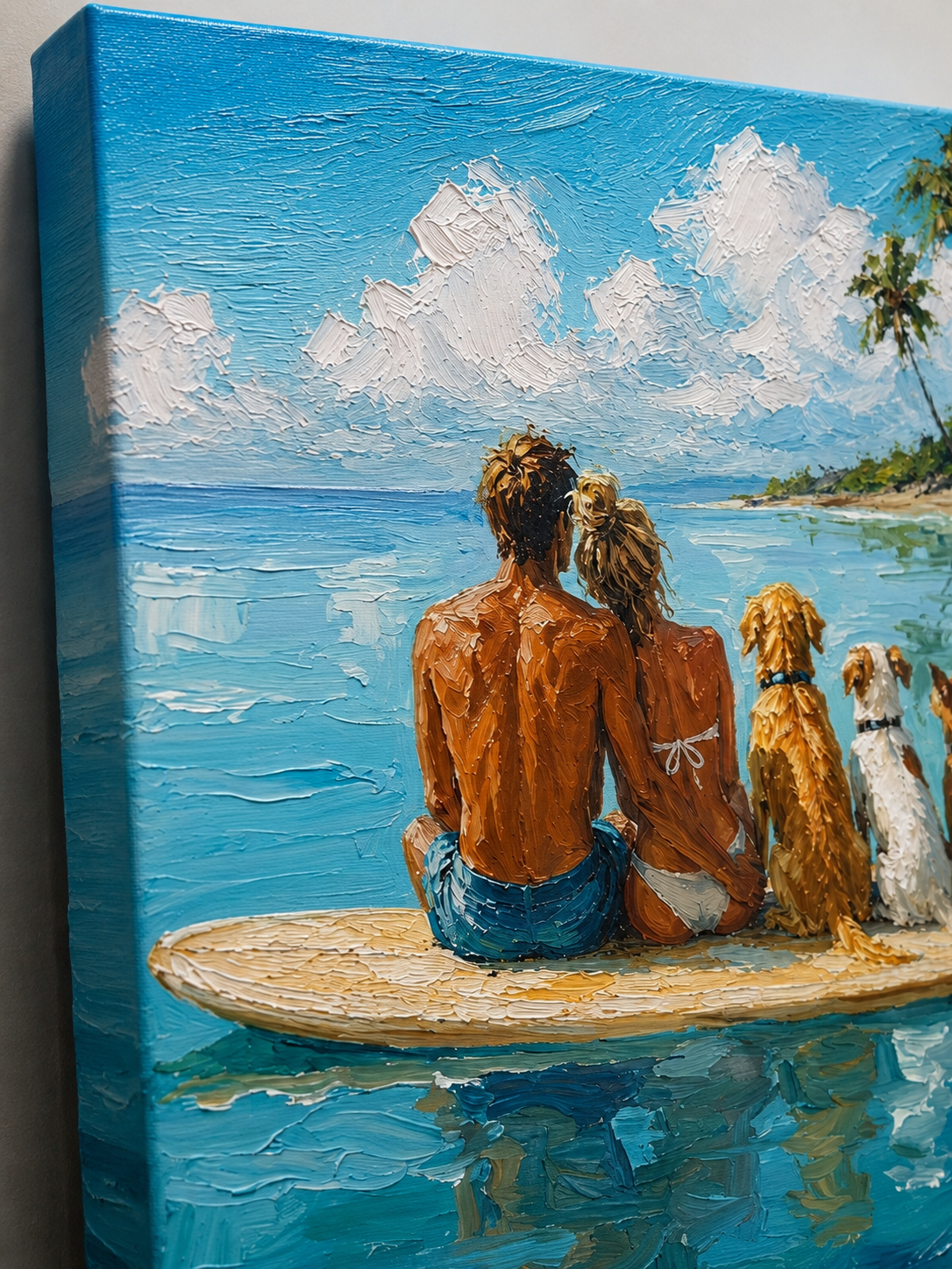 Summer Seascape Artwork Romantic Beach Painting With Dogs On Surfboard For Living Room Decor