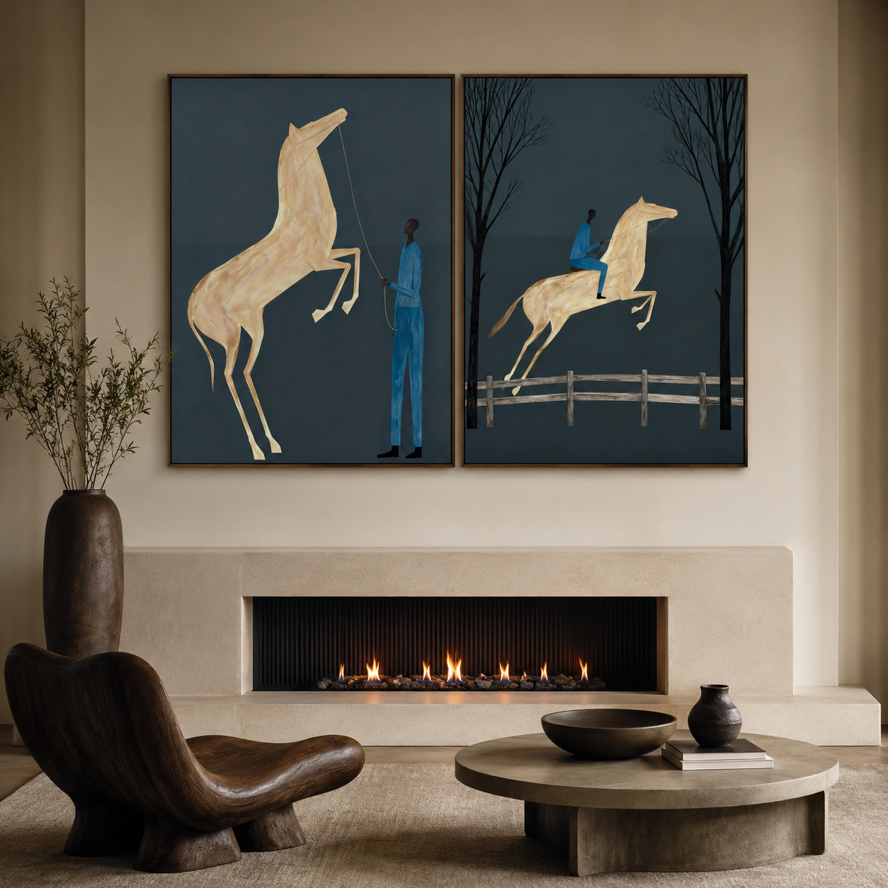 Minimalist Horse Painting Set Deep Blue Background Modern Wall Art For Living Room