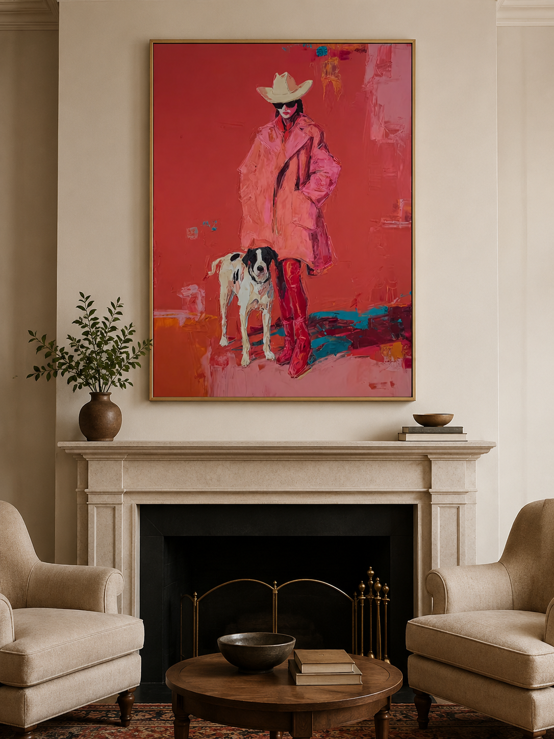 Bold Pop Art Canvas Featuring Stylish Woman With Spotted Dog In Vibrant Red Colors