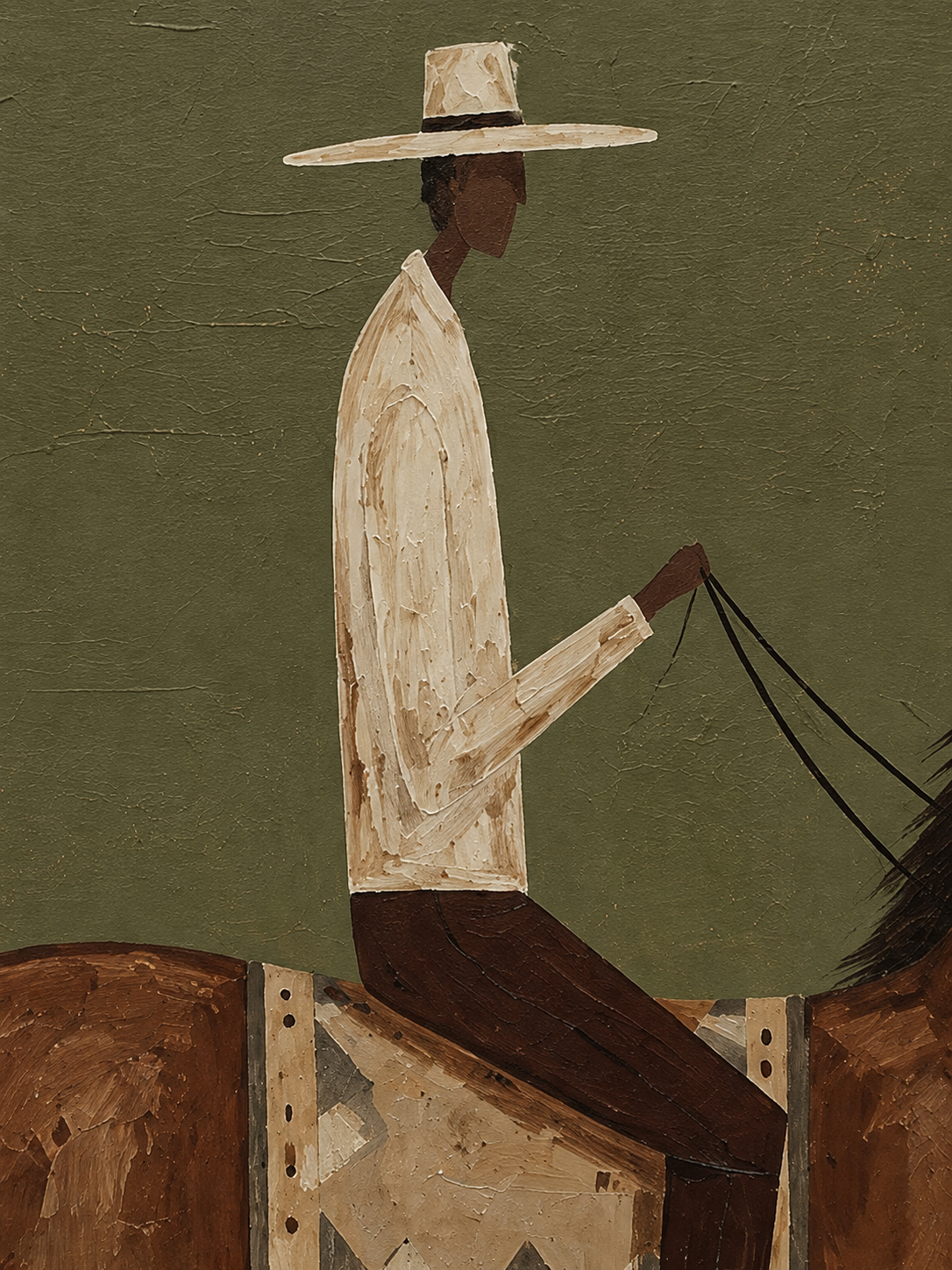 Mid Century Modern Horse Art With Minimalist Cowboy In Green Frame For Living Room Decor
