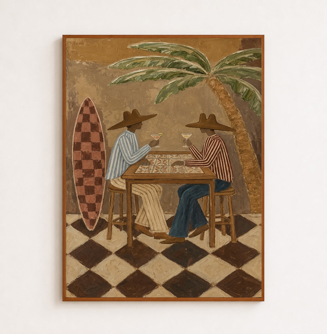 Tropical Surf Bar Painting With Cowboy Hats And Palm Tree For Coastal Living Room Decor