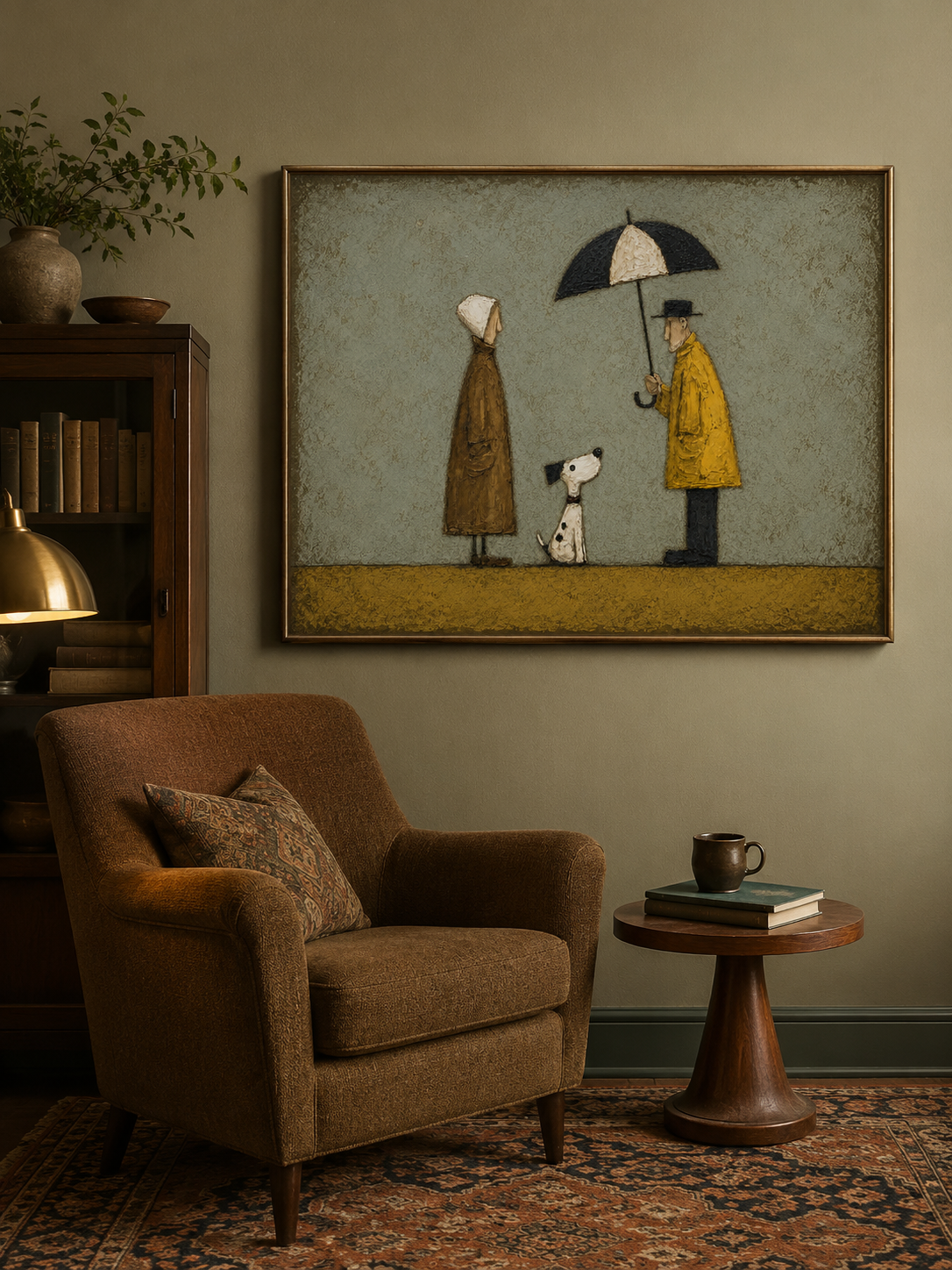 Vintage Couple With Dog Painting Under Umbrella Retro Wall Art For Pet Lovers