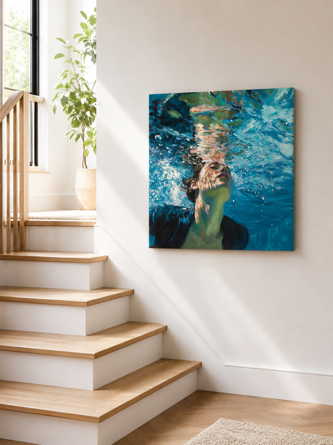 Modern Underwater Figure Painting With Bubbles And Blue Waves For Living Room Decor