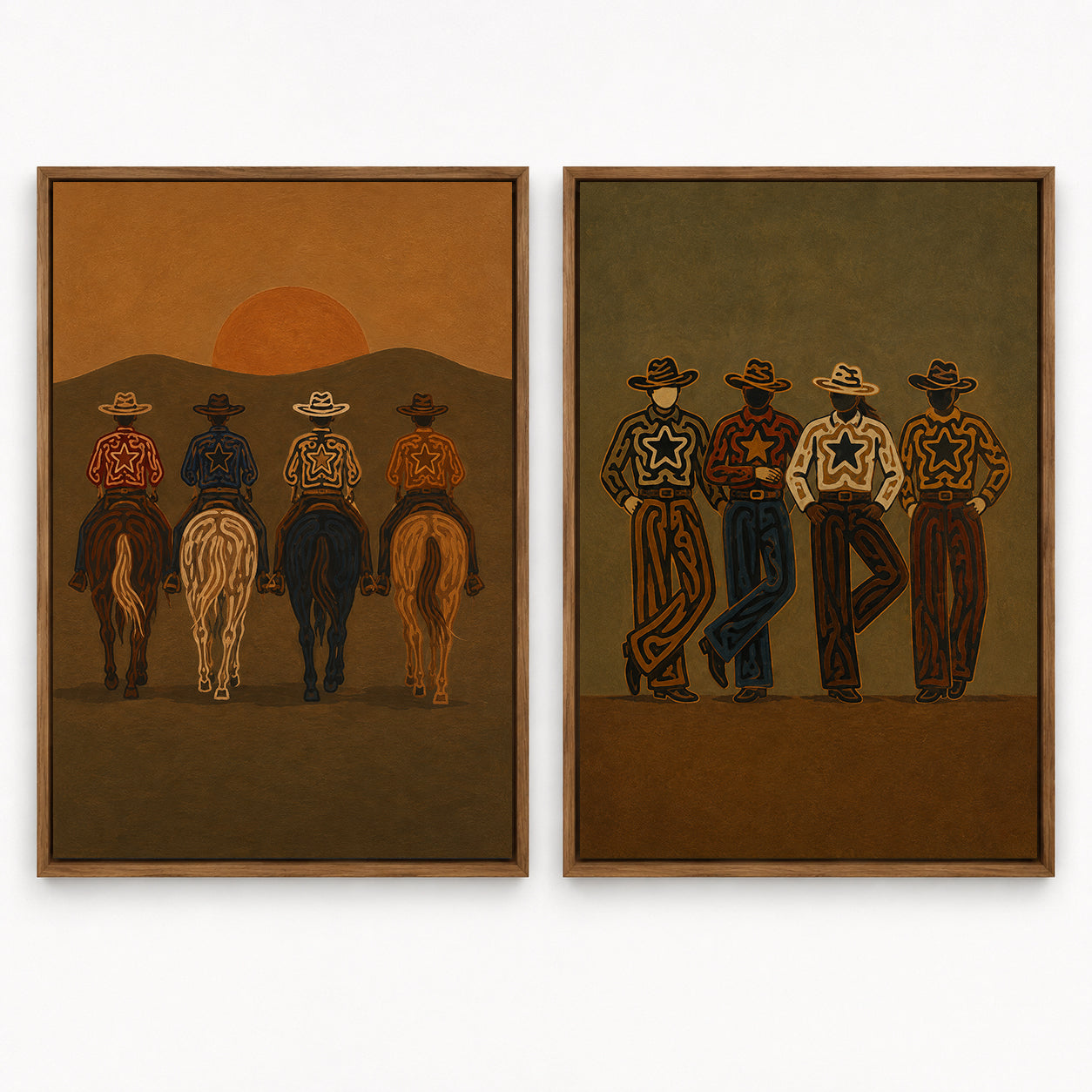Vintage Sunset Cowboy Group Portrait Wall Art Set Of 2, Western Lifestyle Canvas Painting Vintage Cowboy Gang Decor