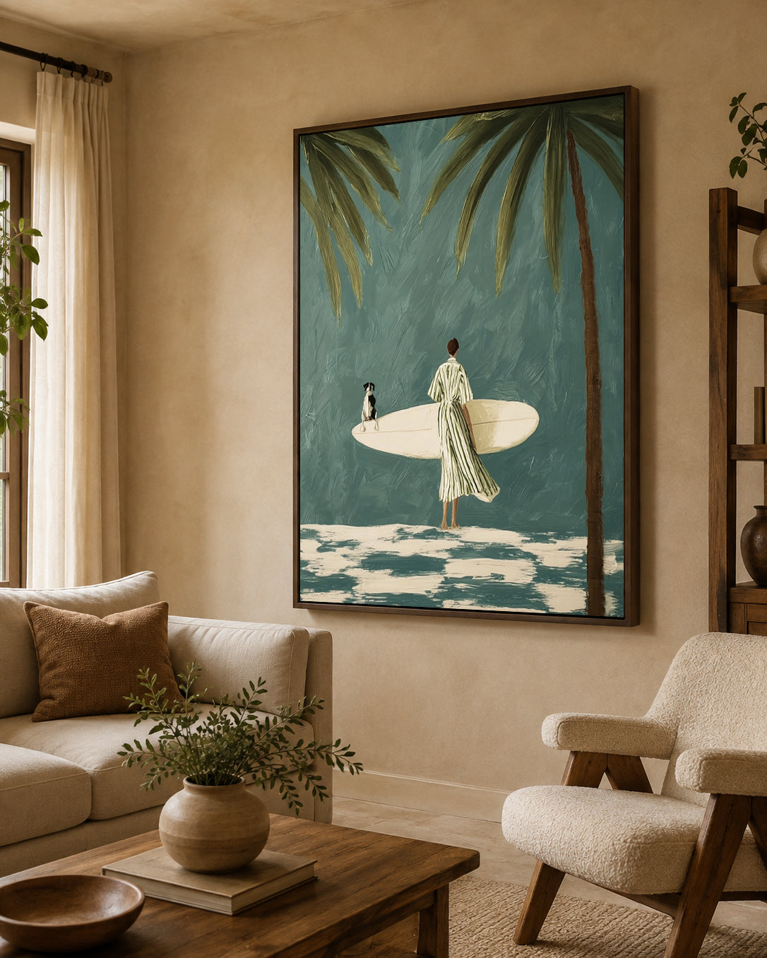 Surfer And Dog Under Palm Trees Hand-Painted Canvas Wall Art In Teal And Cream