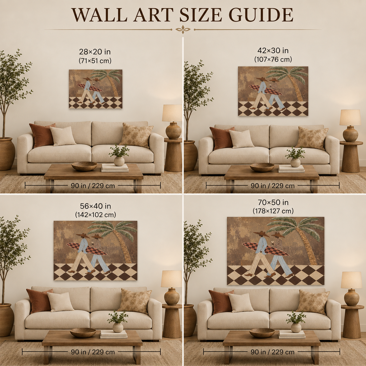 Vintage Cowboy Surf Art Hand-Painted Canvas With Palm Tree And Checkered Board