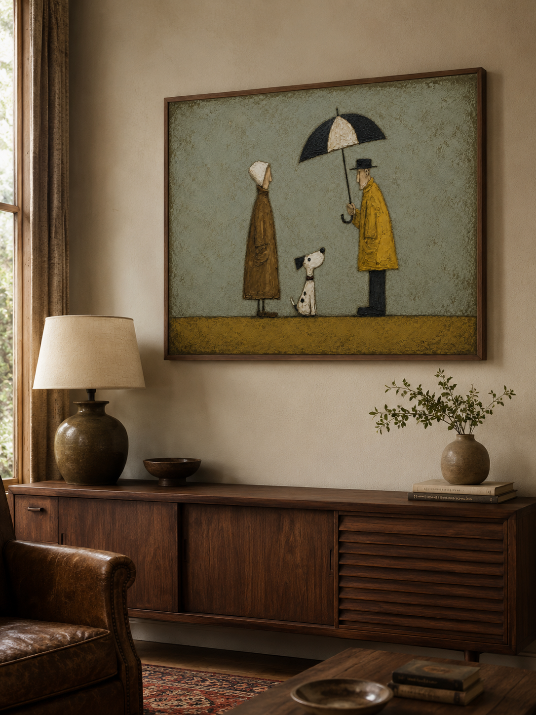 Vintage Couple With Dog Painting Under Umbrella Retro Wall Art For Pet Lovers