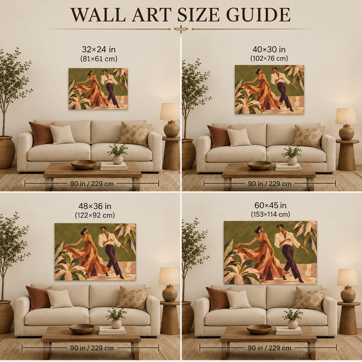 Vintage Dancing Couple Canvas Painting With Tropical Palms And Green Tones