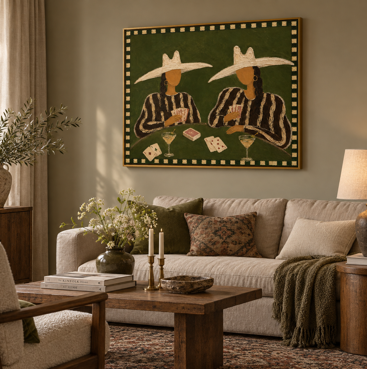 Cowgirl Poker Painting, Western Casino Wall Art With Cocktails, Dark Green Game Room Decor