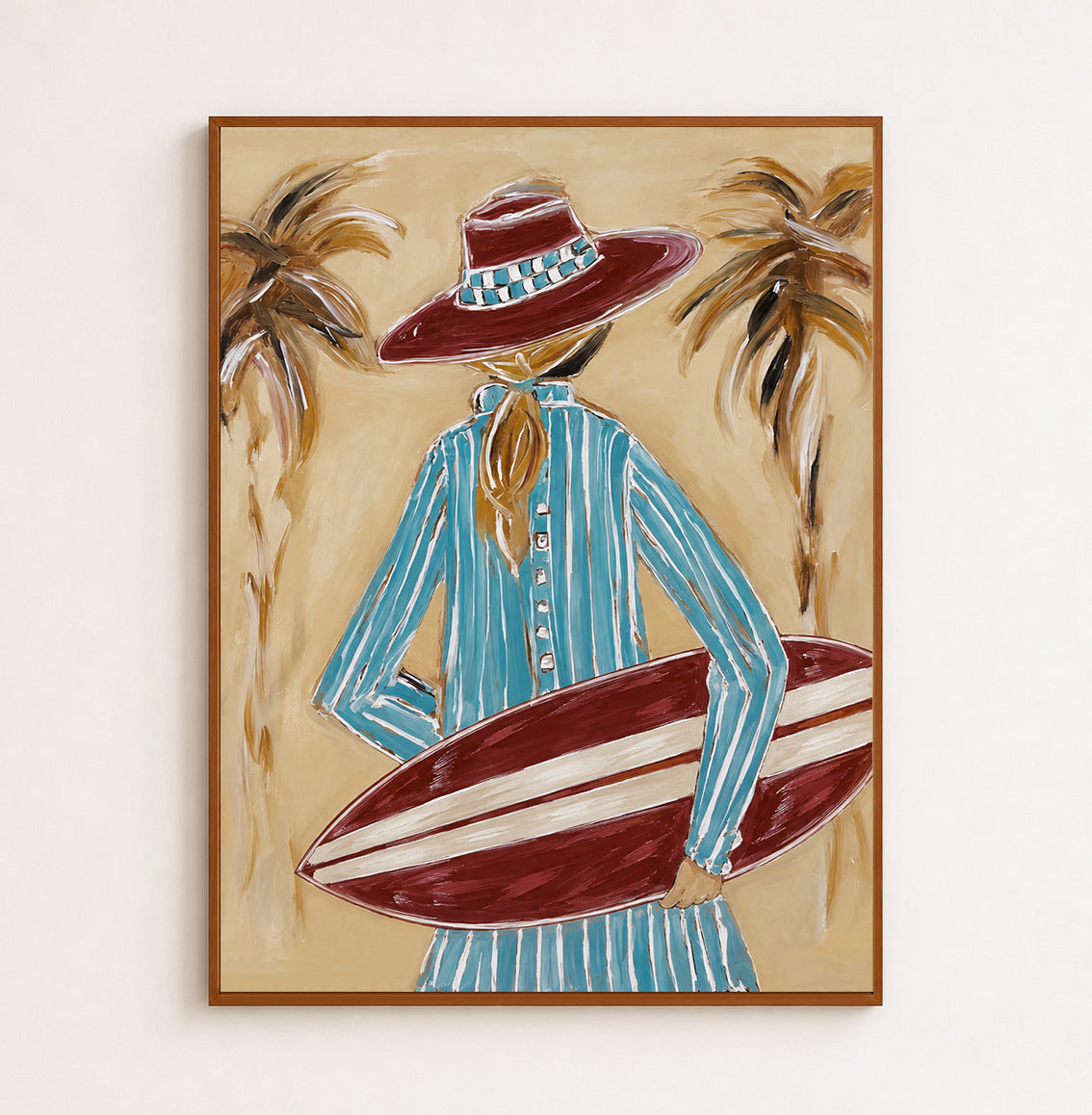 Coastal Cowboy Surfboard Canvas Art, Tropical Cowgirl Beach Wall Decor, California Surfing Painting