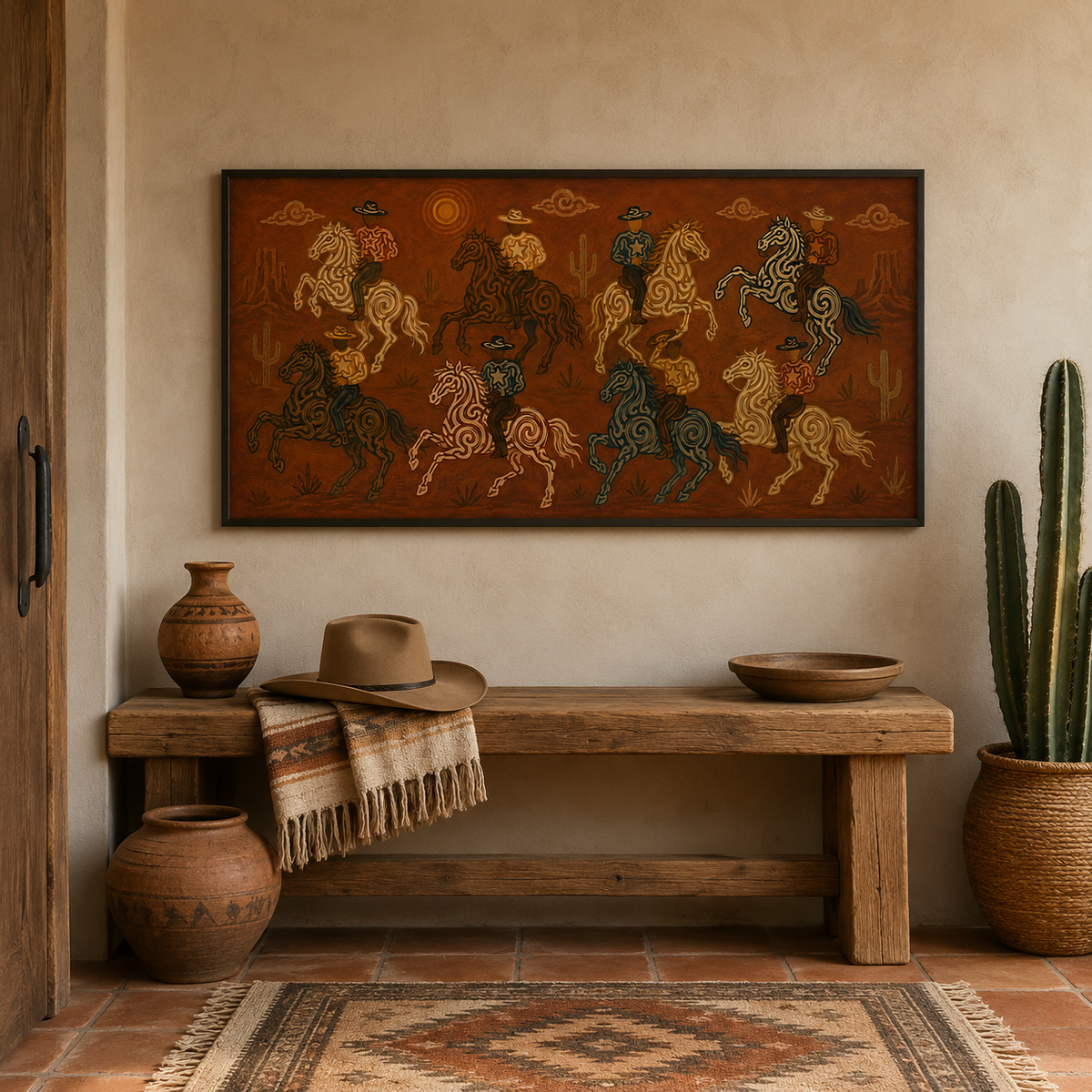Wild West Cowboy Riders Painting, Panoramic Desert Horse Art, Rustic Southwestern Ranch Decor