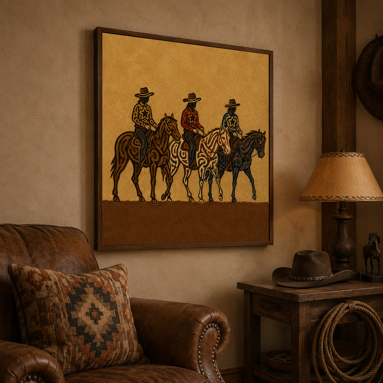 Three Cowboys Horse Painting, Western Ranch Riders, Southwestern Folk Wall Art For Home