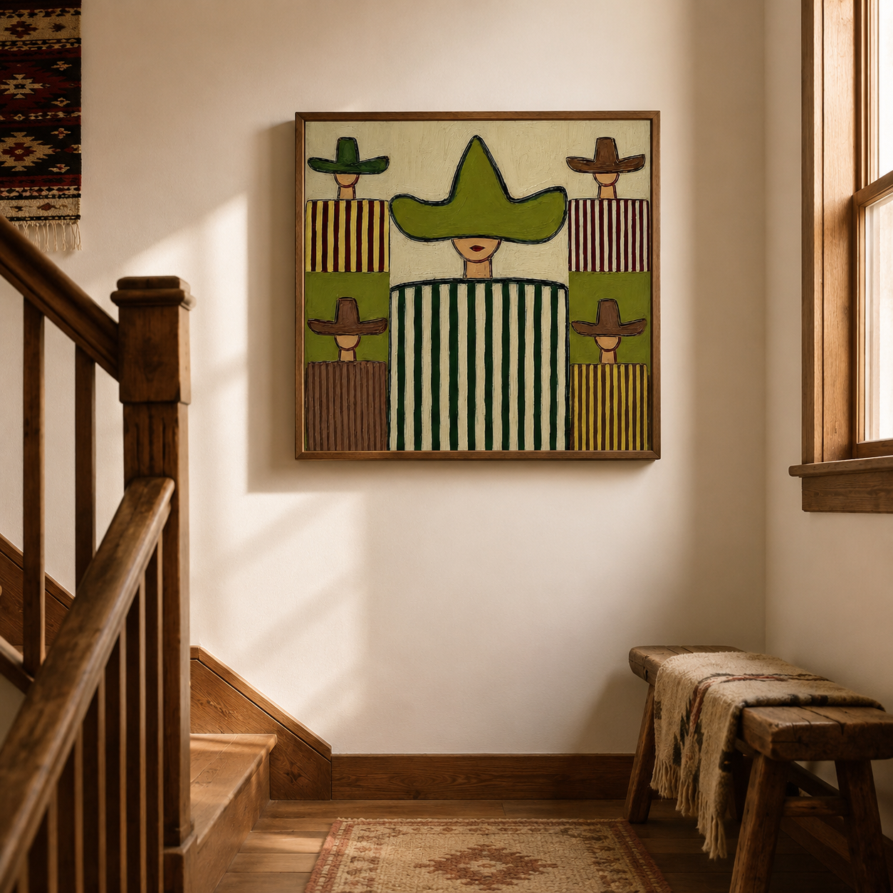 Abstract Figurative Oil Painting With Sombrero Motif In Olive Green And Brown Tones For Modern Wall Decor