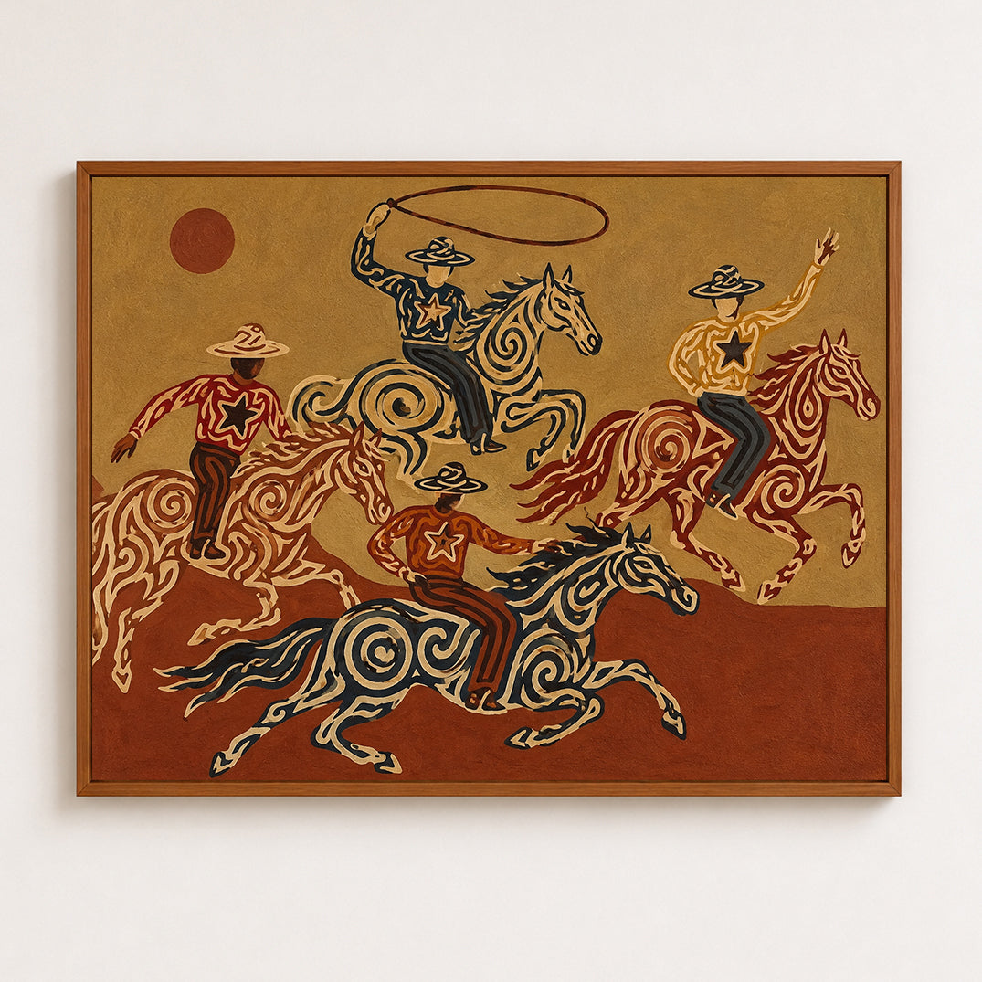 Cowboy And Horse Canvas Painting With Lasso For Western Home Decor