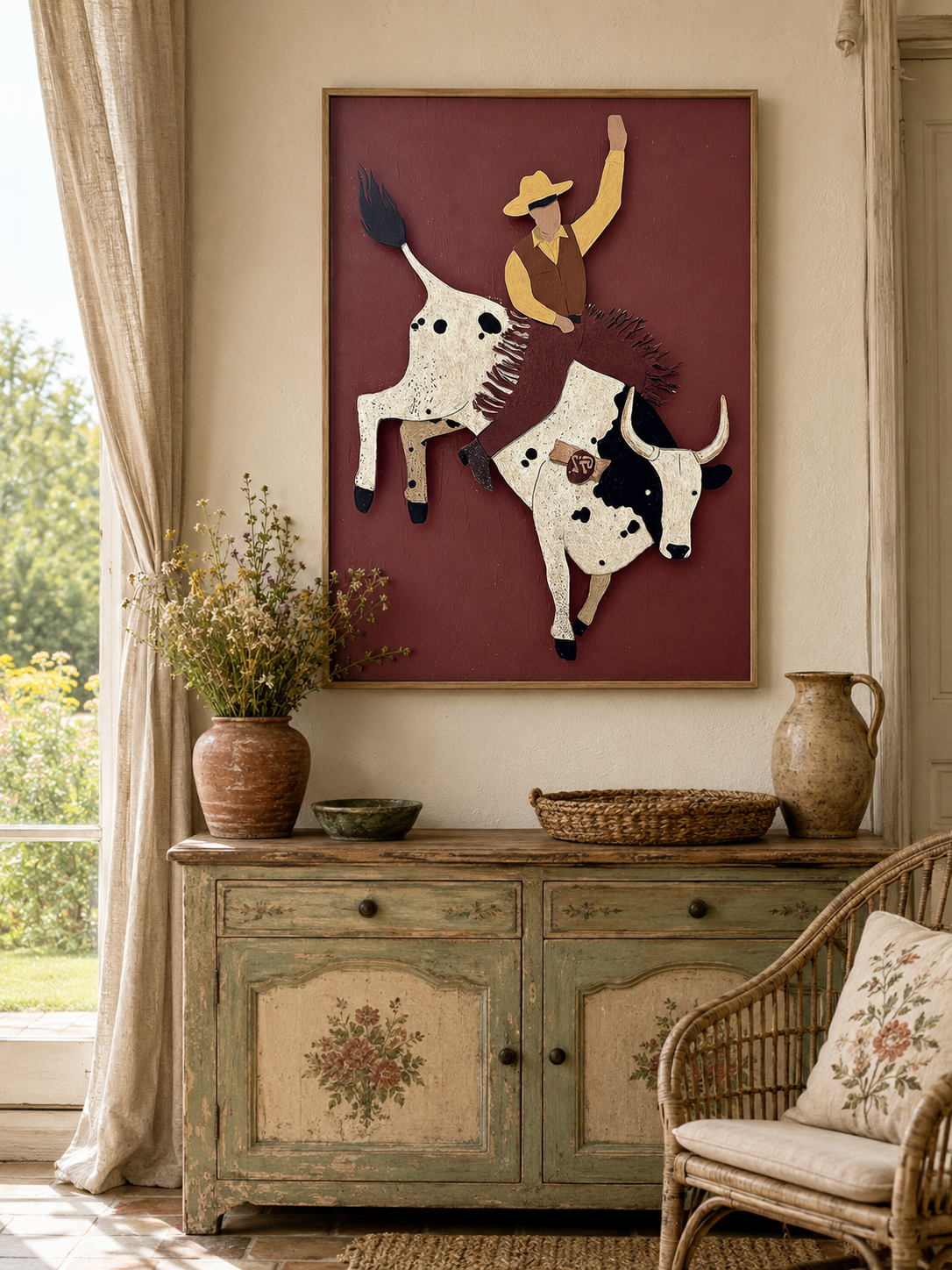 Bold Rodeo Bull Rider Abstract Art For Man Cave Office Wall Decor In Earth Tones
