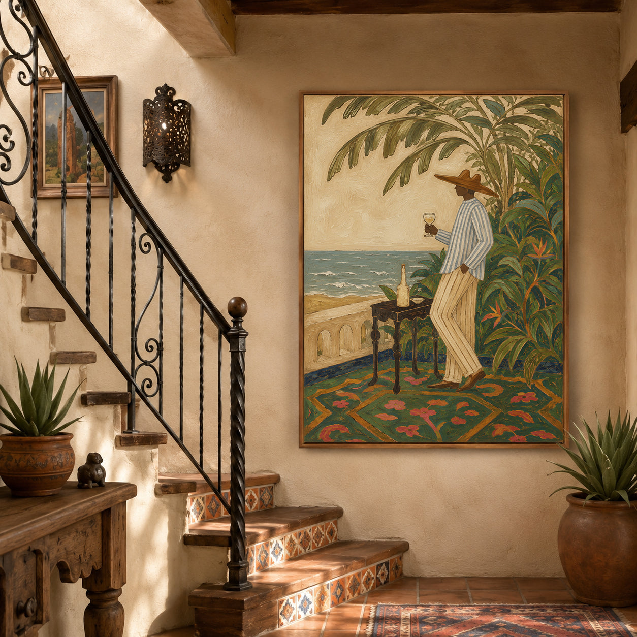 Mediterranean Wine Art Man By Sea Vintage Wall Decor For Dining Room Original Oil Painting On Linen Canvas
