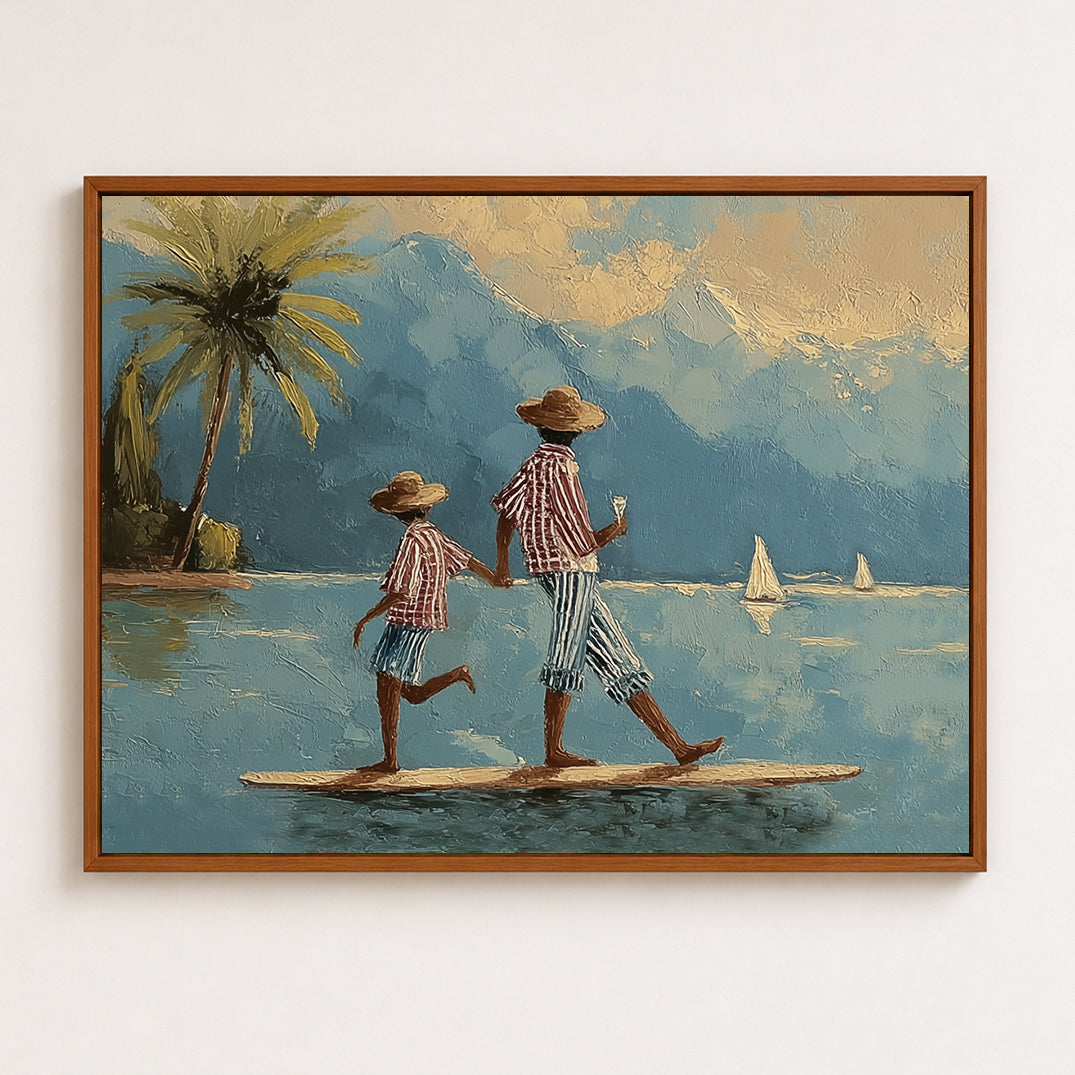 Whimsical Paddleboard Canvas Art, Mediterranean Water Walking Wall Decor, Retro Coastal Nautical Painting