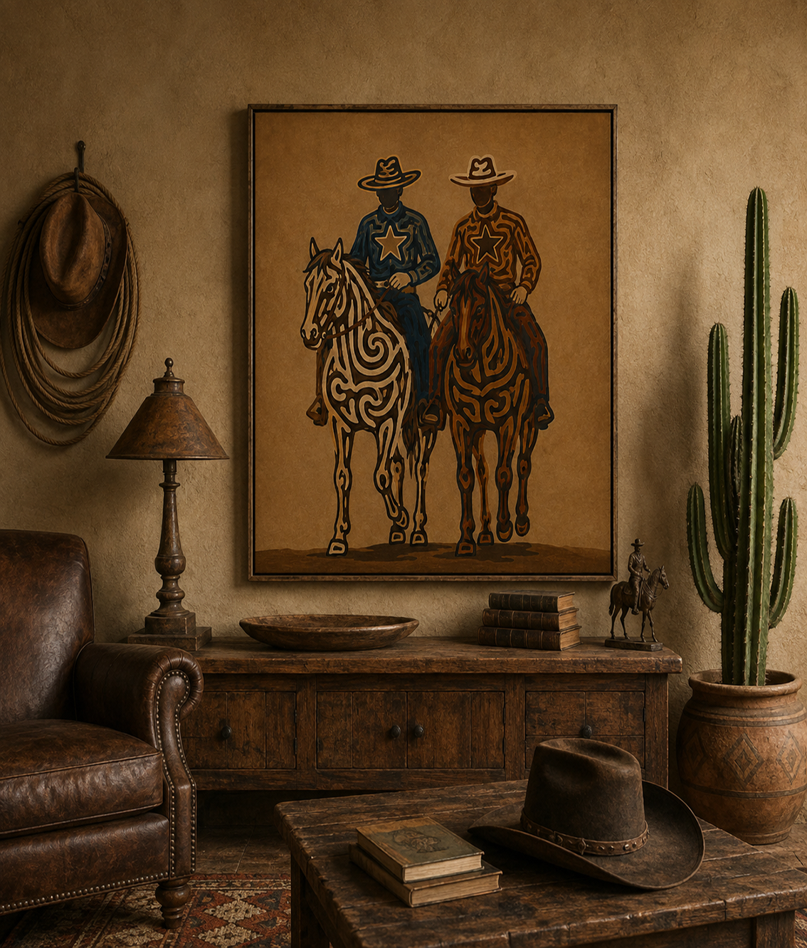 Two Cowboys Horse Painting, Western Riders Wall Art, Rustic Southwestern Ranch Decor