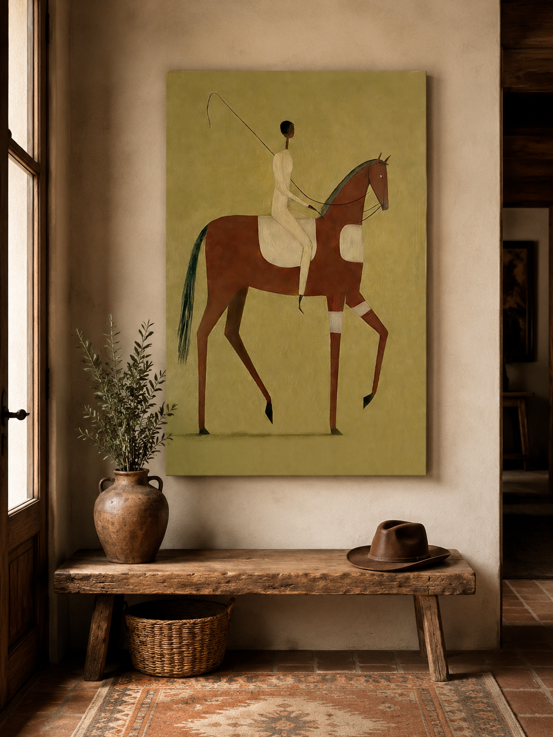 Wabi Sabi Style Rider On Horse Art Original Oil Painting With Olive Background