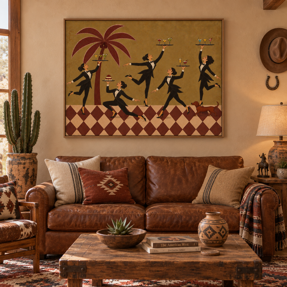 Vintage Women In Tuxedos Serving Cocktails Square Canvas Art With Red Palm Tree