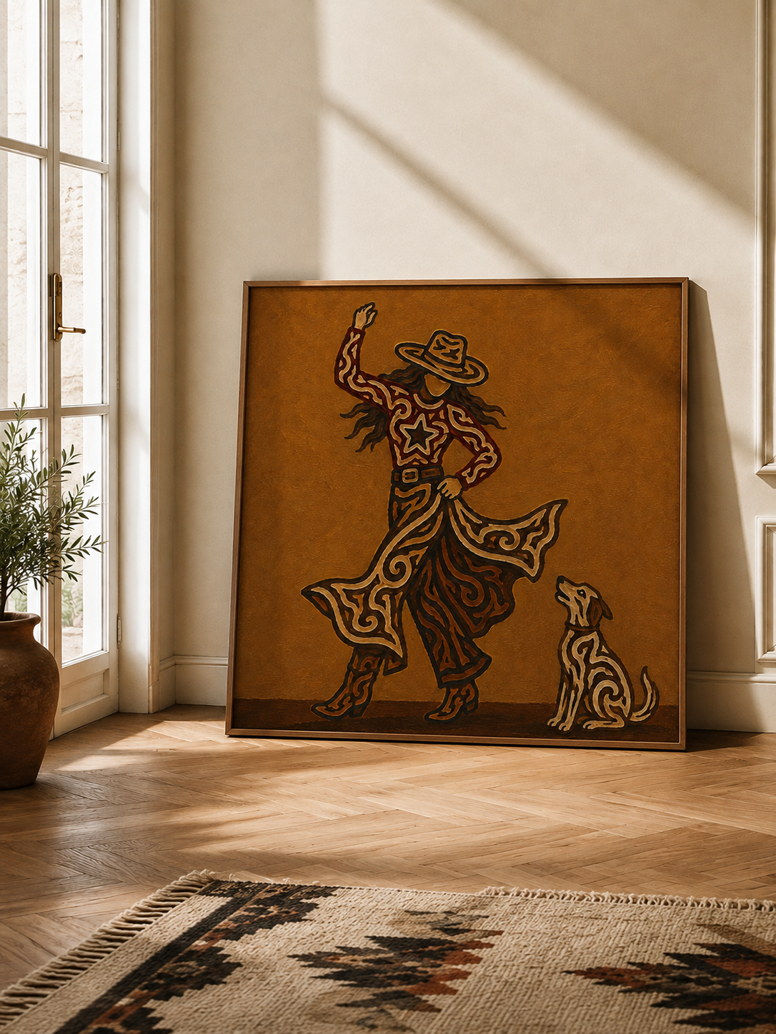 Cowgirl And Dog Wall Art, Western Woman Art , Dancing Cowgirl Canvas,Contemporary Western Decor