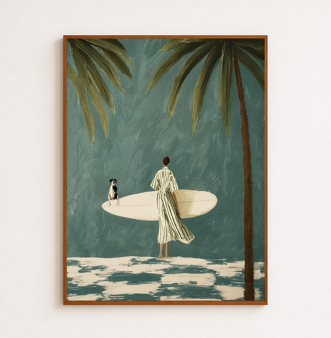 Surfer And Dog Under Palm Trees Hand-Painted Canvas Wall Art In Teal And Cream