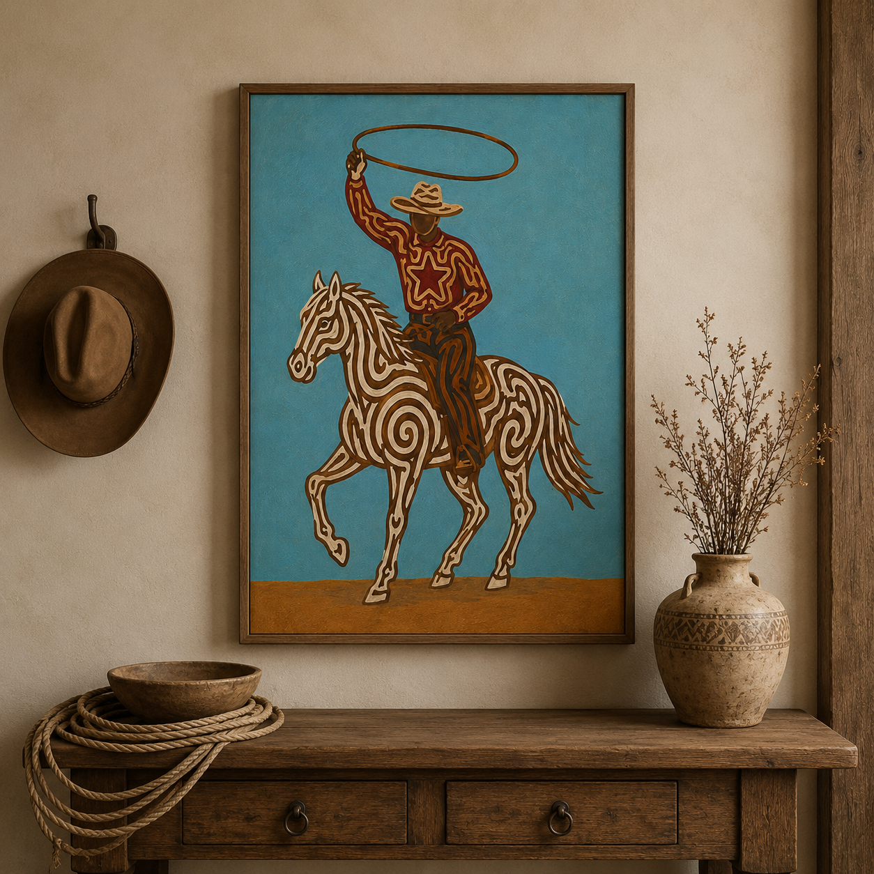 White Horse Cowboy Painting Modern Western Wall Art Original Hand Painted Oil Painting