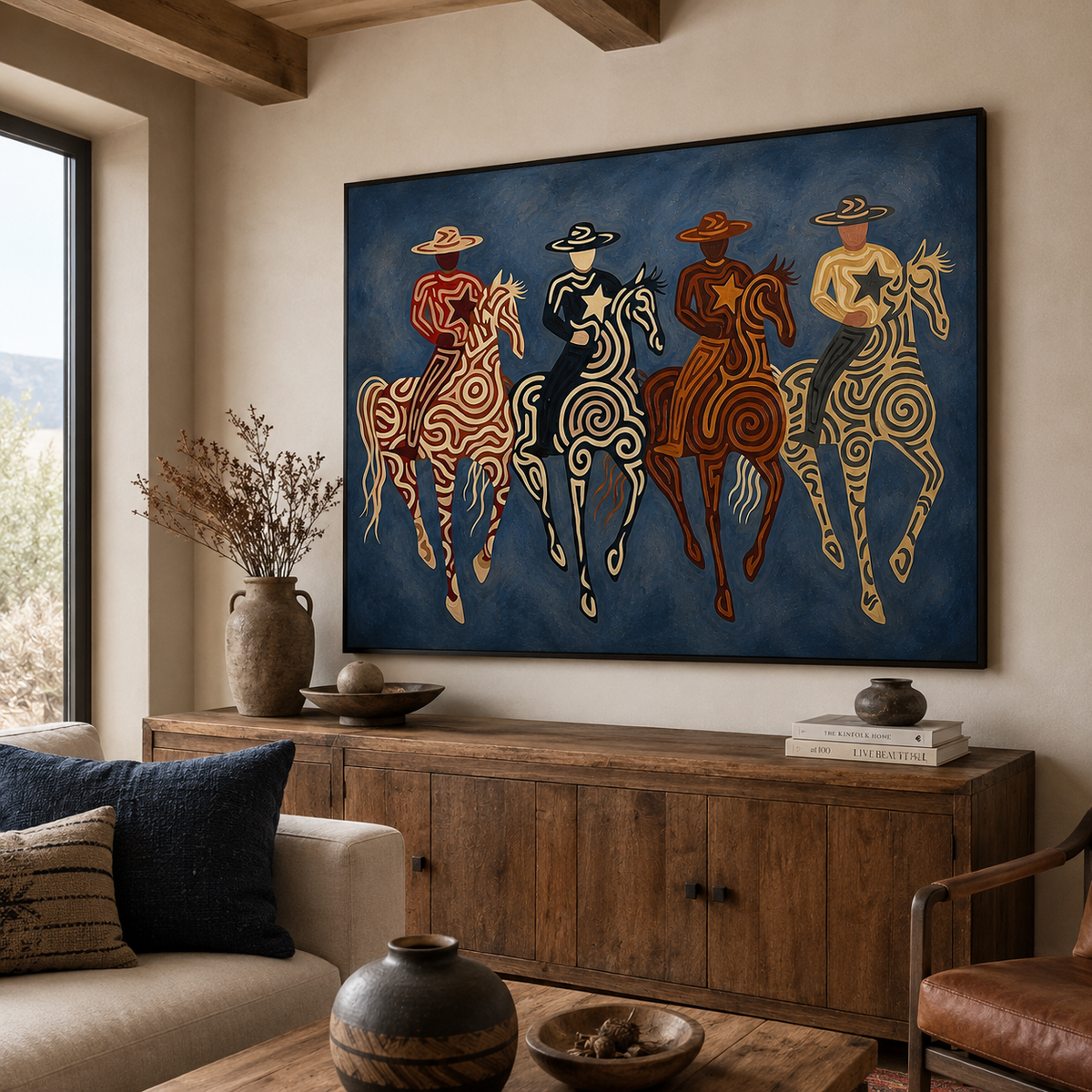 Four Cowboy Riders Painting, Navy Blue Western Horse Art, Southwestern Folk Wall Decor