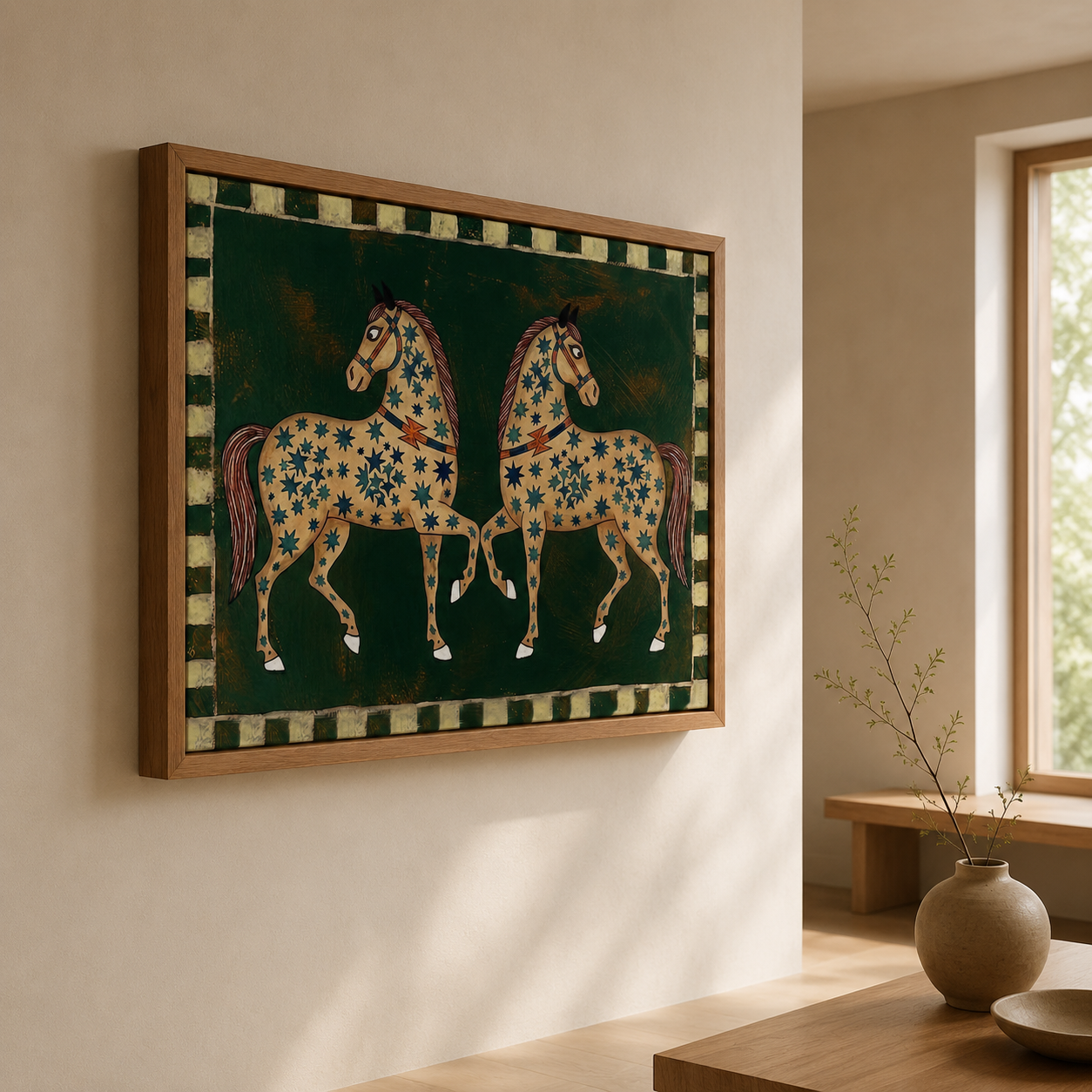 Exquisite Two Horses Painting With Star Patterns On Olive Green Background Original Folk Art