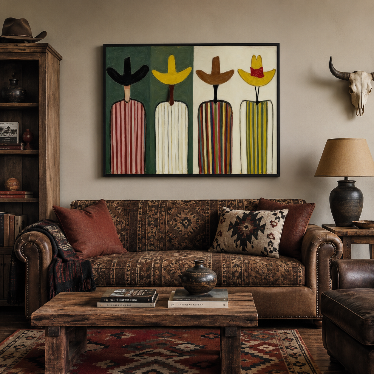 Retro Folk Art Painting Abstract Figures In Striped Hats For Modern Home Decor
