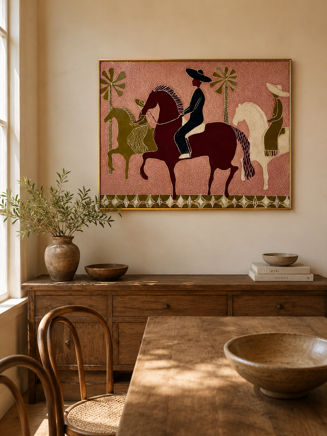 Vintage Folk Horse Art Original Painting With Textured Canvas For Rustic Home Decor