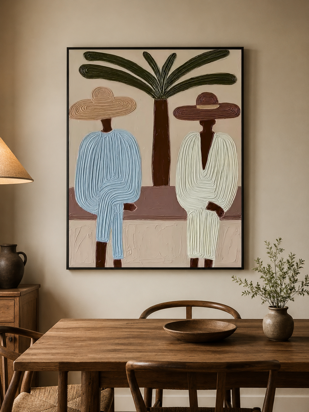 Abstract Mediterranean Figure Painting With Palm Tree Textured Oil Art For Coastal Home