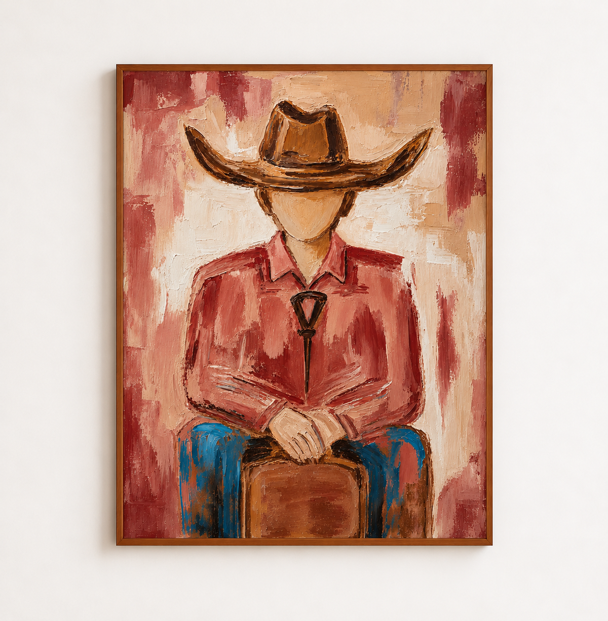 Cowboy Portrait Canvas Painting With Red Shirt And Hat Original Hand-Painted Wall Art