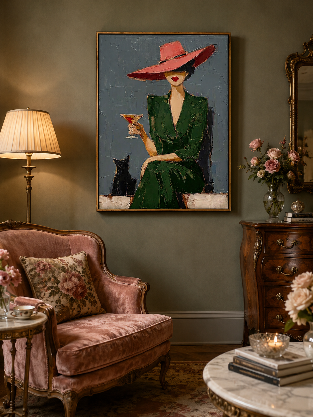 Stylish Woman In Green Dress With Red Hat Oil Painting For Modern Dining Room Wall Art Decor