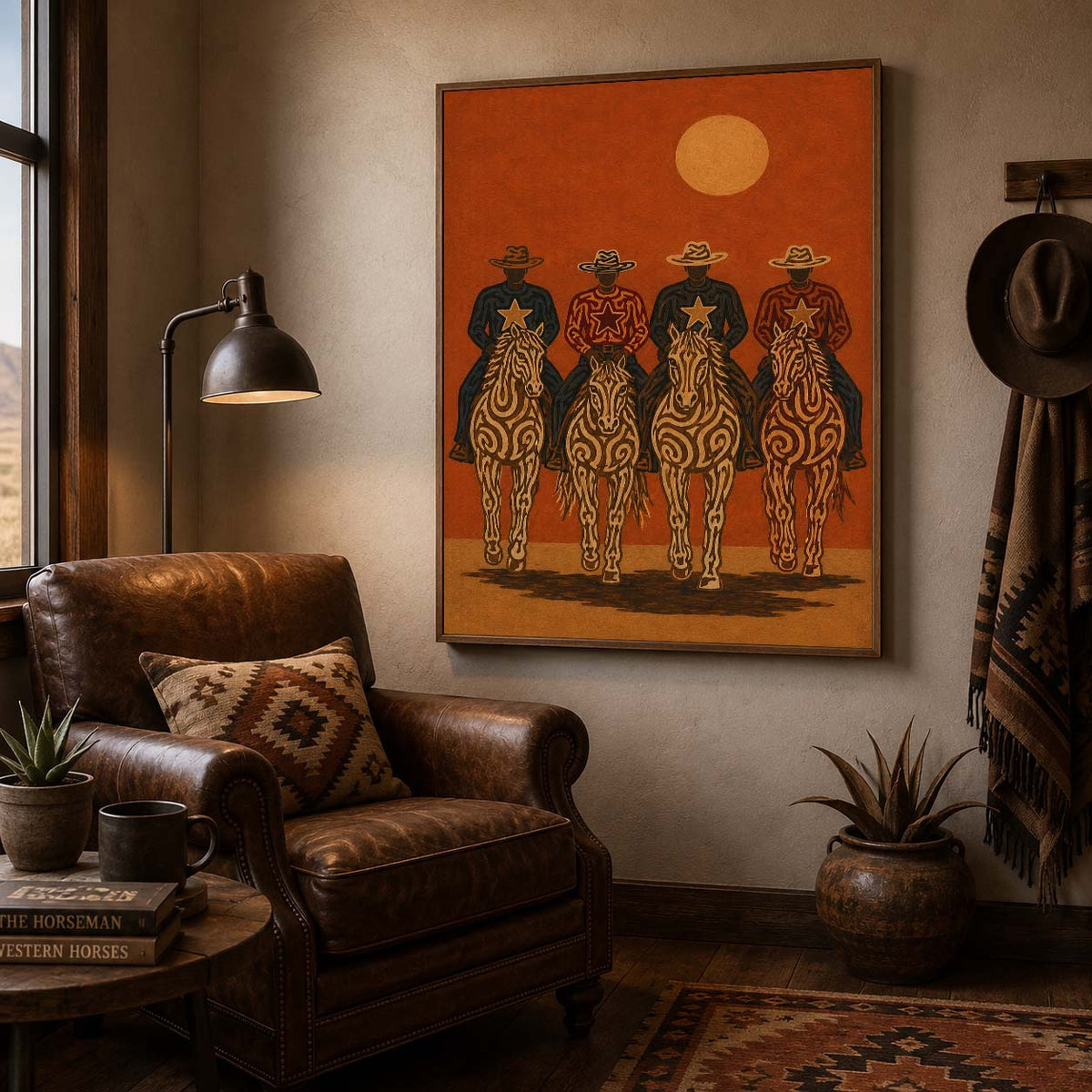 Cowboy Riders Oil Painting, Burnt Orange Western Wall Art, Rodeo Ranch Hand Painted Decor