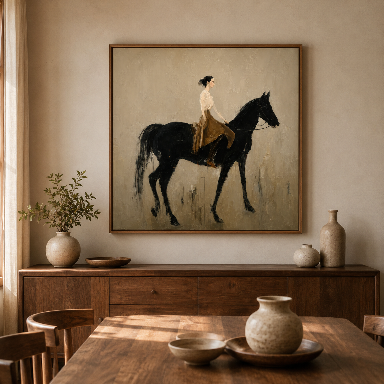 Figurative Horse And Rider Oil Painting Retro Style Wall Art For Living Room