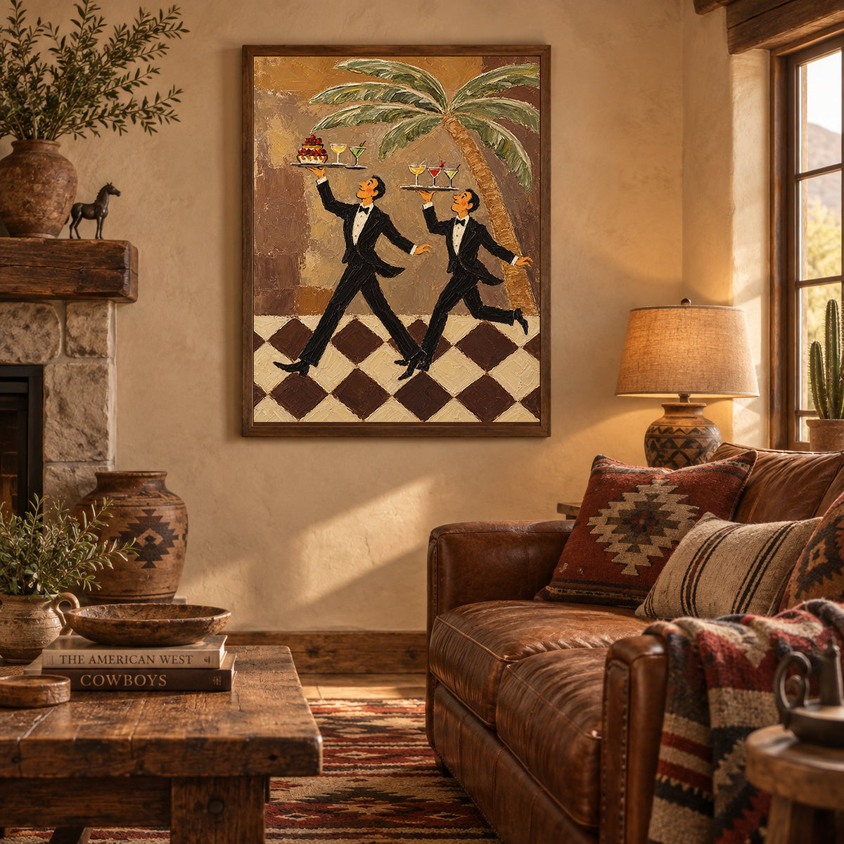 Tuxedo Waiter Canvas Art,Retro Bar Painting, Brown Checkered Floor Artwork