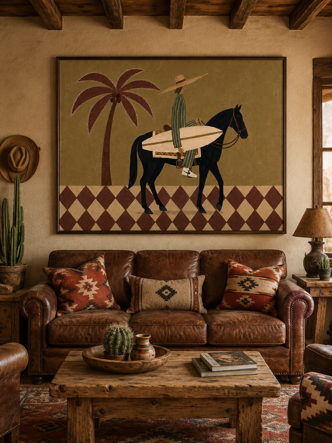 Olive Green Canvas Art With Diamond Floor Pattern And Rider Silhouette For Boho Chic Interior